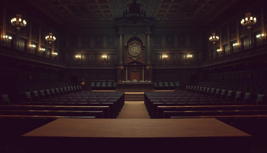 A dimly lit parliamentary chamber with a grand, ornate podium at the center. Rows of empty benches stretch out before it, casting long shadows in the soft, ambient lighting. The atmosphere is tense, charged with the weight of political decisions to come. In the foreground, a raised platform, a symbolic "threshold" dividing the chamber, represents the critical electoral threshold that political parties must cross to secure representation. The scene conveys a sense of anticipation and the high stakes of the political dynamics at play, setting the stage for the pivotal changes in the year ahead.