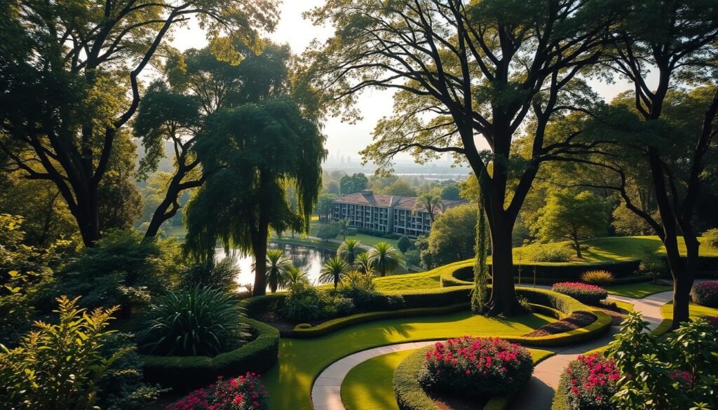 A lush, verdant landscape with towering trees casting dappled shadows across a serene pond. In the foreground, a meticulously landscaped garden bursts with vibrant flora, complemented by meandering paths lined with neatly pruned hedges. The middle ground features a modern, energy-efficient residential complex nestled amidst the greenery, its sleek architecture blending seamlessly with the natural surroundings. In the background, a hazy skyline hints at the urban setting, yet the overall atmosphere exudes a tranquil, rejuvenating ambiance, captured through a warm, golden-hour lighting and a wide-angle lens that accentuates the harmonious coexistence of nature and modern living.