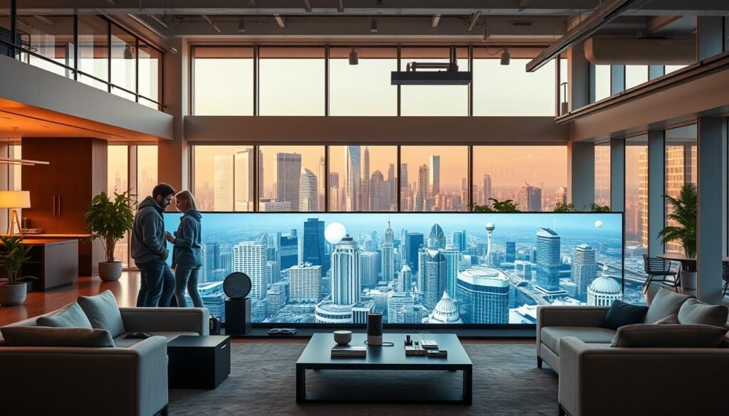 A modern, open-plan office space with sleek furniture and smart home technology. In the foreground, a group of people interacting with various AI-powered devices, such as voice-controlled lighting, smart speakers, and digital assistants. The middle ground features an interactive display showcasing the latest AI-powered home automation solutions, while the background depicts a panoramic view of a futuristic cityscape with towering skyscrapers and advanced transportation systems. The scene is bathed in warm, natural lighting, creating a welcoming and innovative atmosphere.
