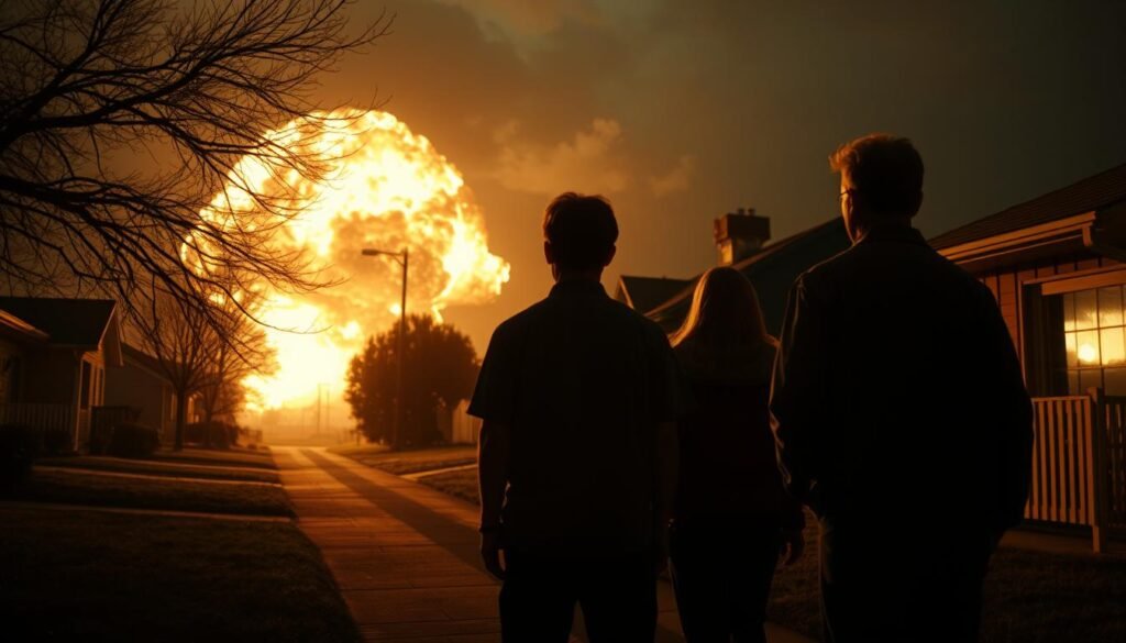 A mysterious, unsettling sound of a thunderous explosion echoes through a tranquil suburban neighborhood. Shaken residents pause, eyes wide, as they try to pinpoint the source of the ominous boom. The scene captures a moment of unsettling tension, with shadows casting an eerie glow across the landscape. The camera's lens captures the scene with a high-contrast, cinematic quality, conveying a sense of unease and the unknown. The image should evoke a feeling of unease and uncertainty, leaving the viewer to wonder about the true nature of the mysterious sound.