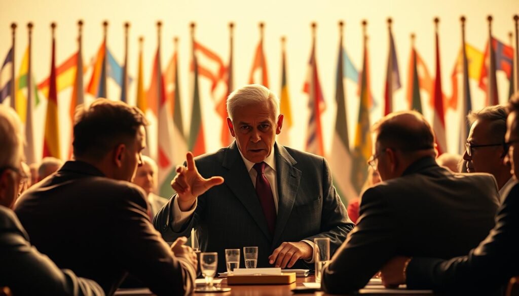 A panoramic view of a global stage, with diplomats and world leaders engaged in animated discussion. In the center, a resolute, stern-faced statesman commands attention, their hand gesturing assertively as they outline a foreign policy doctrine of independence and pragmatism. The background is a tapestry of national flags, subtly shifting in an unseen breeze, symbolizing the complex web of international alliances and tensions. Warm, golden lighting casts a contemplative glow, hinting at the gravity and high-stakes nature of the scene. The composition is balanced, with the statesman's figure anchoring the frame, surrounded by an aura of power and authority. This is a high-stakes moment of geopolitical maneuvering, where the fate of nations hangs in the delicate balance.