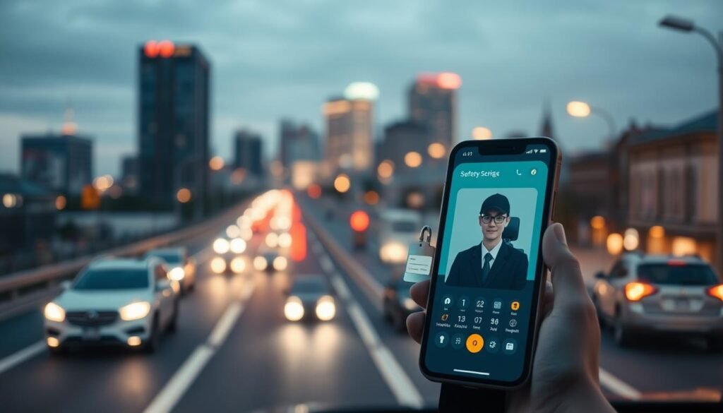 A secure online transportation service, capturing the essence of modern safety features. In the foreground, a sleek smartphone displays a ride-sharing app interface, showcasing intuitive security controls. The middle ground features a driver's identification card and a safety rating system, instilling confidence. In the background, a city skyline with well-lit streets and surveillance cameras conveys a sense of comprehensive security measures. Soft, ambient lighting and a muted color palette create a serene, trustworthy atmosphere, reflecting the reliable nature of the transportation service.