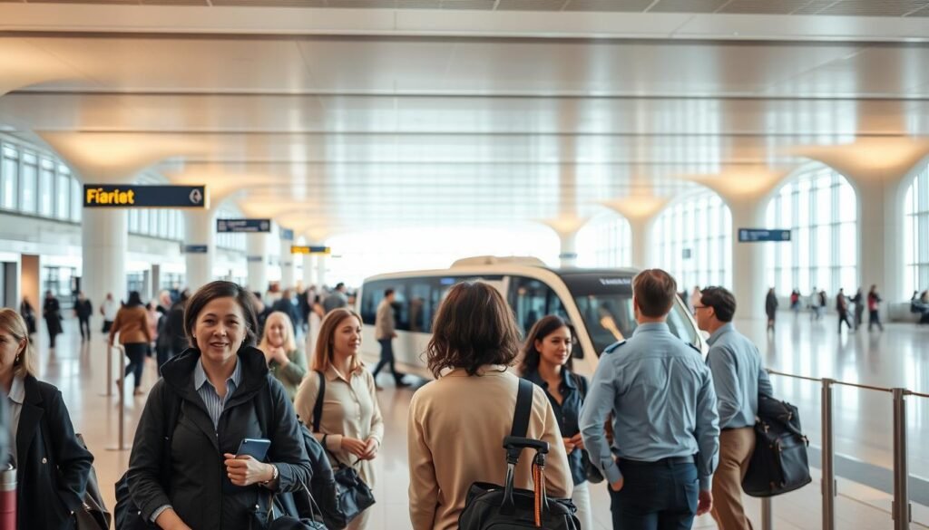 A serene scene of a well-lit, spacious transit hub filled with passengers moving with a sense of calm and security. In the foreground, a group of travelers stand in a queue, their expressions relaxed and attentive as they interact with a uniformed staff member. The middle ground features a sleek, modern transportation vehicle, its exterior gleaming under the warm lighting. In the background, a panoramic view of the terminal's architecture, with clean lines and natural materials creating an atmosphere of comfort and safety. The overall mood is one of trust, efficiency, and a shared commitment to the well-being of all.