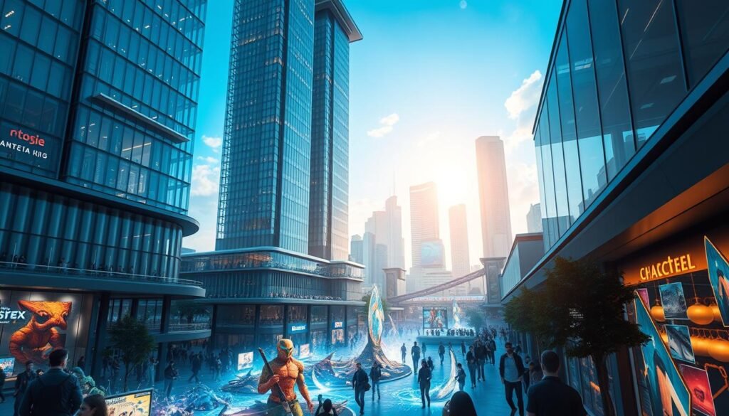 A sprawling digital creativity hub, nestled amidst a vibrant cityscape. Towering glass-and-steel structures housing state-of-the-art studios, innovation labs, and collaborative workspaces. Sunlight filters through expansive windows, illuminating the bustling activity within. Diverse teams of designers, developers, and visionaries converge, harnessing cutting-edge technology to bring their ideas to life. In the foreground, a dynamic display showcases the latest digital art and immersive experiences, captivating passersby. The energy is palpable, a testament to the region's thriving creative ecosystem. This is the vision of a digital creativity hub, poised to propel Southeast Asia's gaming and digital media industries to new heights.