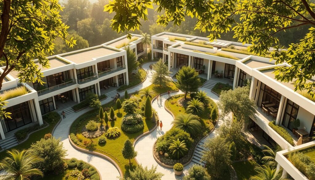 A sprawling, eco-friendly residential compound nestled amidst lush greenery, Adora Luxe boasts an elegant, modern architectural design with clean lines and large windows that seamlessly integrate the interior and exterior spaces. Sunlight filters through the foliage, casting a warm, ambient glow across the scene. Carefully manicured gardens and water features create a serene, nature-inspired ambiance. Residents can be seen strolling along the winding pathways or relaxing on the spacious terraces, surrounded by the tranquil sights and sounds of their sustainable haven. The overall impression is one of harmony, comfort and a deep respect for the environment.