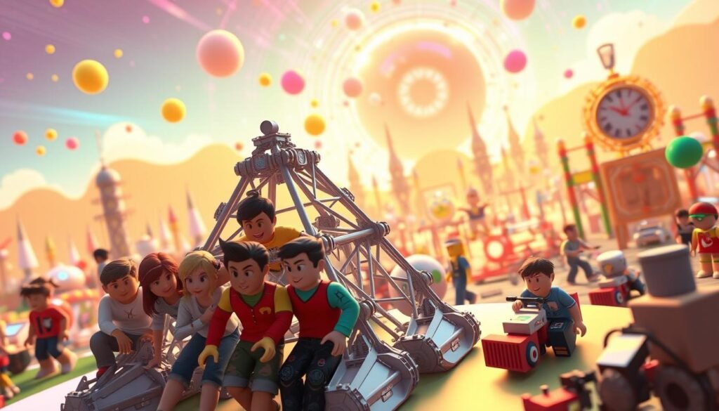 A vibrant, 3D-rendered scene showcasing the boundless creativity of Roblox players. In the foreground, a group of diverse avatars collaboratively builds an intricate, futuristic structure, their expressions brimming with concentration and joy. The middle ground features a bustling Roblox world, with whimsical structures, vehicles, and characters interacting seamlessly. In the background, a kaleidoscope of colors and abstract shapes represents the limitless potential of player-driven content, emanating a sense of boundless imagination and innovation. Warm, diffused lighting illuminates the scene, casting a dreamlike, inviting atmosphere that encapsulates the spirit of Roblox as a platform for creative expression.