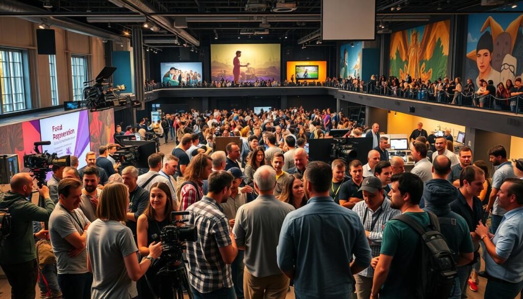 A vibrant and immersive festival film ecosystem, capturing the collaborative spirit and creative energy of the community. In the foreground, a diverse group of filmmakers, actors, and crew members engage in lively discussions, exchanging ideas and providing mentorship. The middle ground showcases a range of cinematic equipment, from vintage cameras to cutting-edge technology, reflecting the evolving nature of the industry. In the background, a bustling festival venue buzzes with activity, with screening rooms, panel discussions, and networking events taking place against a backdrop of modern architecture and artistic murals. Warm lighting and a sense of camaraderie permeate the scene, conveying the transformative impact of film festivals on the creative landscape.