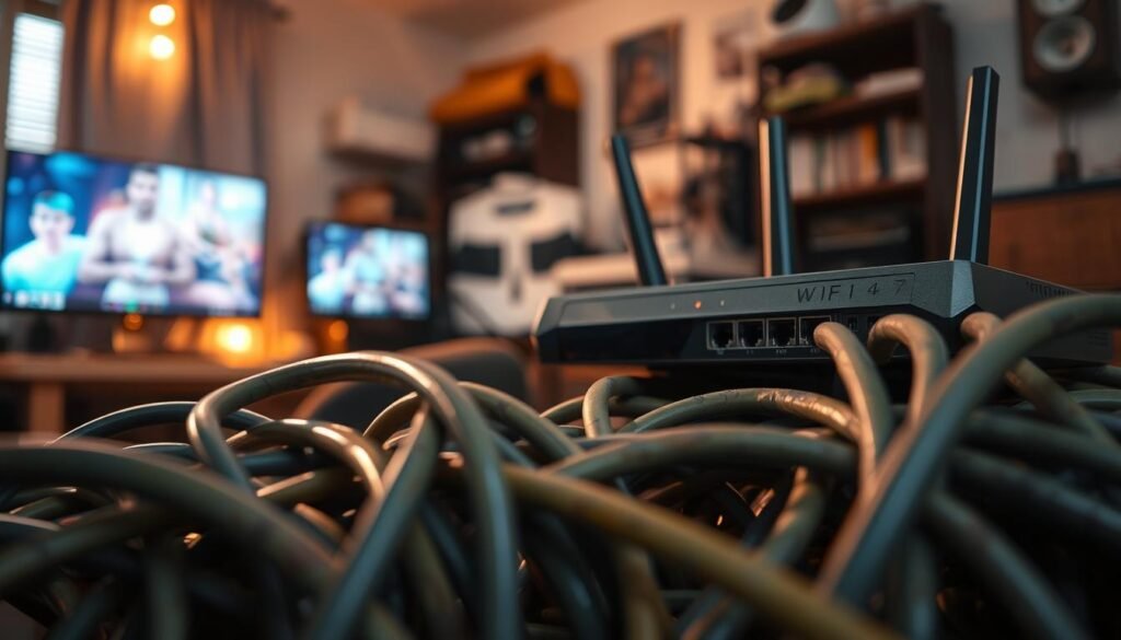 A detailed interior scene depicting a home networking environment focused on a bottleneck caused by outdated cabling. In the foreground, a close-up of a tangled mess of old Ethernet cables, with visible wear and tear highlighting their inability to support modern speeds. The middle ground features a sleek Wi-Fi 7 router with indicators flashing, symbolizing high-speed capability. In the background, a cluttered home office setup with a computer and multiple devices connected to the router, illuminated by soft, warm lighting that creates a cozy yet frustrated atmosphere. The image should have a focus on depth, capturing the contrast between advanced technology and inadequate infrastructure, evoking a sense of urgency for upgrading home cabling.