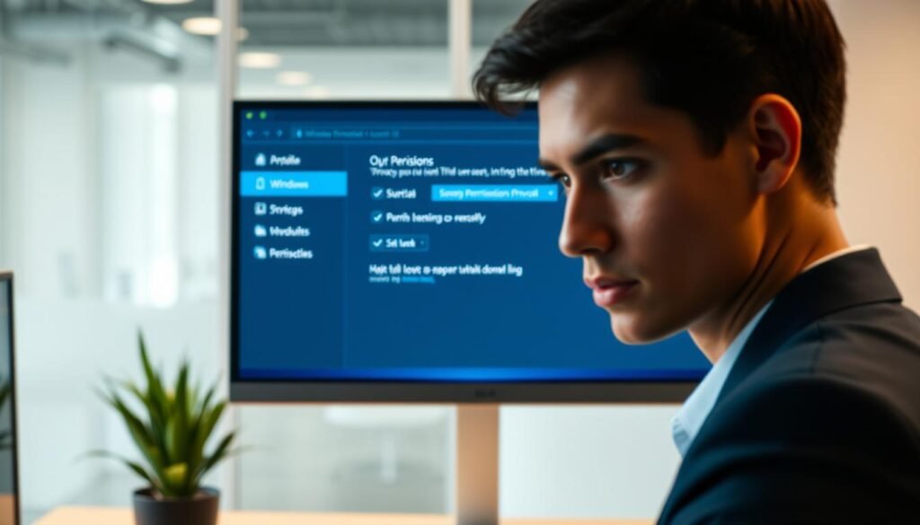 A detailed view of the Windows 11 permissions control window displayed on a sleek computer monitor, set against a modern office background with soft-focus elements like a desk and a potted plant. The permissions window is open, showcasing checkboxes and toggles for various privacy settings, illuminated by a soft blue light emanating from the screen. In the foreground, a professional individual in business attire focuses intently on the screen, reflecting a sense of concentration and security. The scene is shot from an eye-level angle to capture the user's engagement with the technology, creating a calm yet informative atmosphere. The overall mood conveys a commitment to privacy and security in a digital workspace.