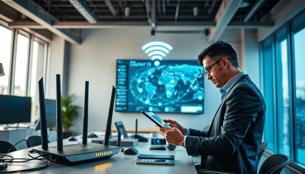 A modern office space showcasing a sleek Wi-Fi 7 router with glowing LED indicators, connected to various devices and cables illustrating advanced network infrastructure. In the foreground, a business professional in smart casual attire examines a tablet displaying network analytics, surrounded by a neatly arranged desk with tech gadgets. The middle layer features a wall-mounted display showcasing a digital map of network coverage areas. In the background, large windows allow natural light to flood the room, creating a bright and innovative atmosphere. Use a wide-angle lens for an expansive view, capturing the blend of technology and modern workspace efficiency. The overall mood is one of optimism and forward-thinking in overcoming network limitations.