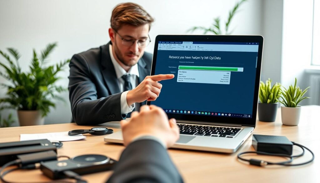 A professional-looking workspace featuring a laptop with data recovery software open and visible on the screen, displaying a progress bar for retrieving RAW file formats. In the foreground, a person in smart casual attire is intently focused on the laptop, using thoughtful gestures like pointing or clicking. The middle ground includes a desk cluttered with external hard drives and USBs, signaling data management and recovery efforts. The background consists of a tidy office environment with soft, ambient lighting to create a calm atmosphere, and there are green plants for a touch of freshness. The image conveys a sense of security in handling sensitive data, emphasizing the question of safety in using data recovery software.