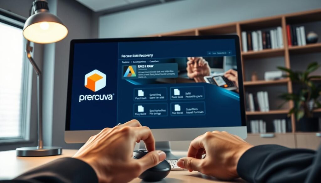 A sleek and modern office environment showcases a computer screen displaying the Recuva data recovery software interface. The foreground features a pair of hands, dressed in professional business attire, manipulating the mouse with focused intent. In the middle, the computer’s screen highlights the Recuva logo along with a user-friendly dashboard displaying scanning options for recovering RAW file formats. Soft lighting emanates from a desk lamp, creating a warm and inviting atmosphere. In the background, shelves lined with technology books and a potted plant add depth to the scene, enhancing the sense of productivity and innovation. The overall mood is one of confidence and efficiency, embodying the capability of Recuva as a lightweight and fast data recovery software.