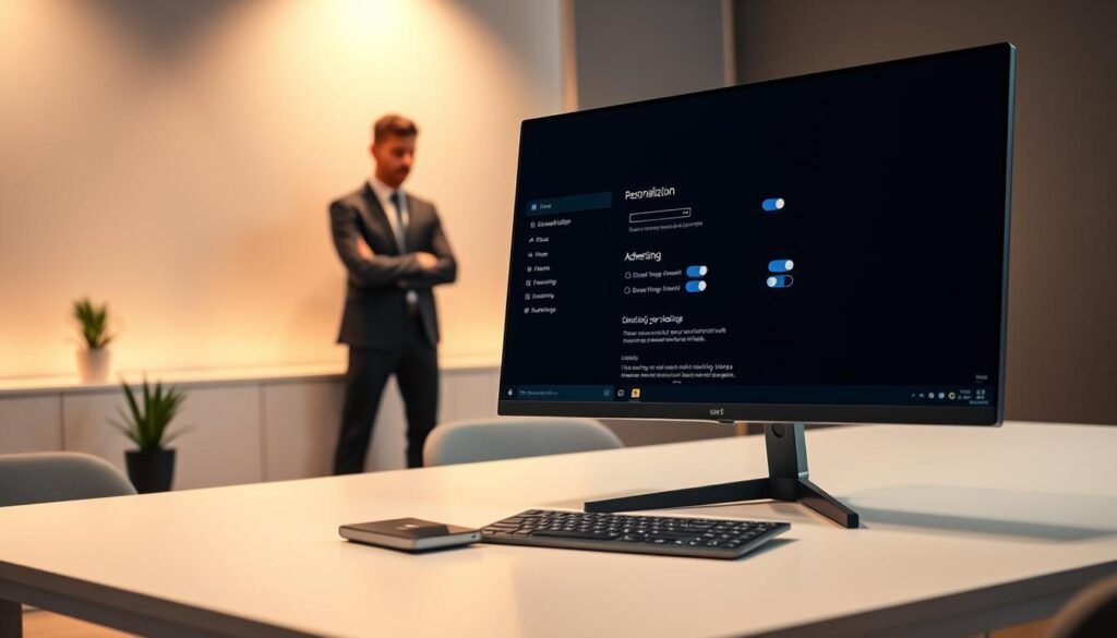 A sleek, modern workspace showcasing a Windows 11 desktop on a stylish desk. In the foreground, a computer monitor displays a detailed interface highlighting the "Personalization" and "Advertising" settings with vivid icons and toggles in active state. The middle ground includes a professional figure in smart casual attire, intently focused on the screen, embodying a sense of determination and vigilance regarding privacy. The background features soft, ambient lighting, casting a warm glow that enhances the tech-savvy atmosphere of the workspace. The overall mood is serious yet empowering, conveying the importance of personal data control in a contemporary setting, free of distractions or clutter.