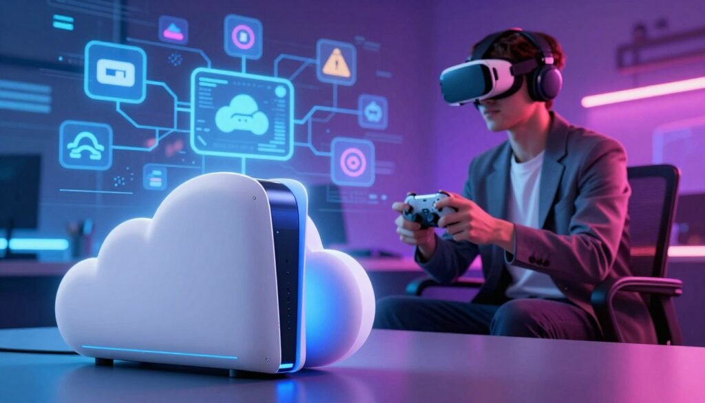 A futuristic cloud gaming setup with a sleek gaming console and a high-tech cloud server in focus in the foreground. In the middle ground, show a gamer wearing stylish, professional attire, immersed in gameplay, with VR goggles and an illuminated controller. The background features a digital landscape with floating icons representing various gaming platforms and connections to the cloud. Use dynamic lighting to create an engaging atmosphere, with vibrant neon colors reflecting innovation and technology. The angle should be slightly elevated, showcasing the gamer engaged in action, while the server emits a soft blue glow, emphasizing the cutting-edge technology that defines cloud gaming in 2026.
