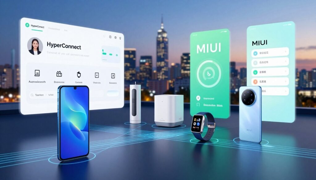 A modern collage showcasing the integration of device ecosystems, featuring the HyperConnect user interface on the left side and MIUI interface on the right. In the foreground, display sleek smartphones and wearable devices connected through visual lines of data flow, symbolizing seamless connectivity. The middle ground includes stylized icons representing various smart home devices integrating with both ecosystems. In the background, a blurred city skyline at dusk casts a soft glow with ambient lighting, enhancing the high-tech atmosphere. The overall mood is futuristic and innovative, emphasizing the contrast between the two UI designs. The image should have vibrant colors with a focus on blue and green tones to denote technology and connectivity, captured at a slight angle for depth.