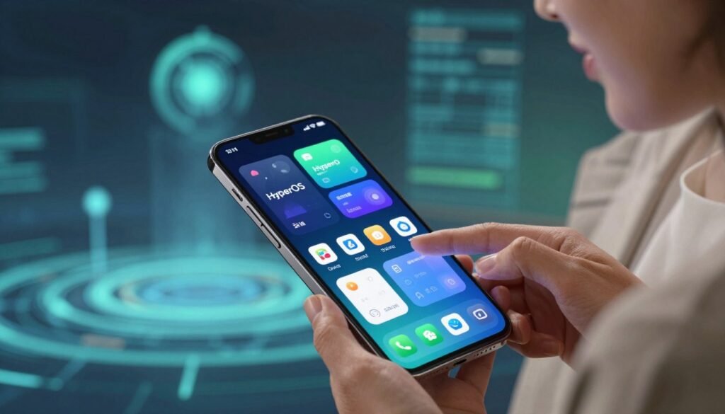 A sleek smartphone interface showcasing exclusive features of HyperOS on a modern device. In the foreground, display an elegant and responsive touchscreen with vibrant app icons and a futuristic design. Include visual elements such as dynamic widgets and unique multitasking options that highlight its advanced capabilities. In the middle ground, incorporate a stylish user navigating the interface, dressed in smart casual attire, exuding a sense of innovation. The background features an abstract digital space, emphasizing technology with soft blue and green tones, symbolizing progress and modernity. Use soft but focused lighting to create depth, with a shallow depth of field that blurs the background, drawing attention to the device and its features. The mood should convey sophistication and cutting-edge design.