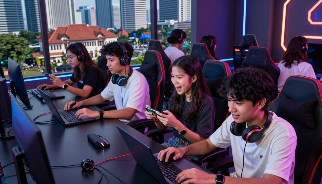 A vibrant and dynamic scene showcasing cloud gaming in Indonesia in 2026. In the foreground, a diverse group of gamers, including young adults and teenagers, are immersed in gameplay on modern devices such as laptops and smartphones. They are dressed in casual, yet trendy clothing, showcasing a sense of excitement and concentration. The middle ground features a futuristic gaming setup, with colorful LED lighting and high-tech peripherals, symbolizing advanced technology. In the background, a visually striking cityscape of Jakarta can be seen, merging traditional architecture with futuristic elements, subtly highlighting Indonesia’s unique culture. Soft, ambient lighting creates an inviting atmosphere, while a sense of energy and anticipation fills the air. The angle captures the gamers from a slight overhead view, emphasizing their engagement with the digital world.